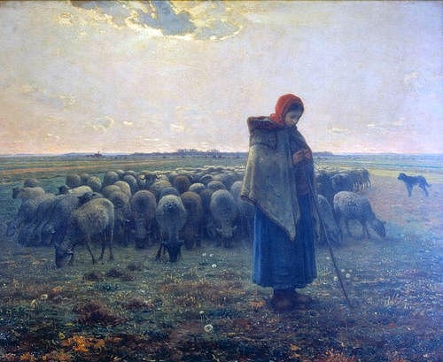 Jean-François Millet, Schafhirtin mit Herde (La grande Bergère). 1863 (Landschaft, Landschaftsmalerei,  Schafe, Schafherde, Weide, Hirte, Schäferin, Hüterin, Magd, Bauerngenre, Realismus, Malerei, Wohnzimmer, Klassiker, Wunschgröße, bunt)