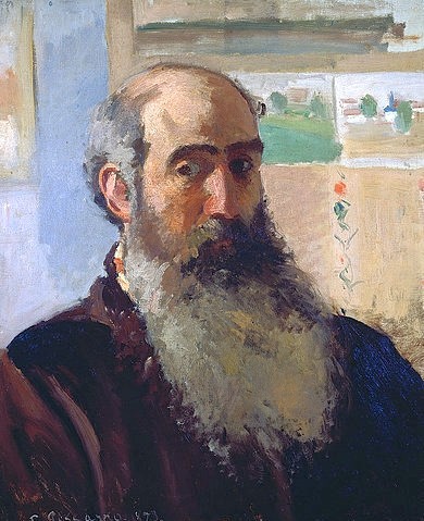 Camille Pissarro, Selbstbildnis 1873. (Paris,Musée d'Orsay,Pissarro,Camille,1830-1903,Camille Pissarro,Impressionismus,französischer Impressionismus,19. Jahrhundert,Selbstportrait,Bart,Mann,Atelier,Künstler,Glatze)