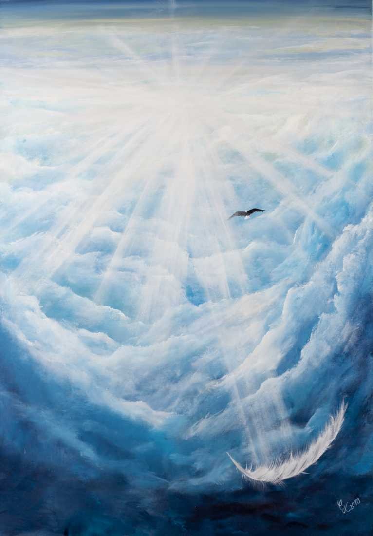 Conny Krakowski, Freiflug (Surrealismus, Traum, Magie, Esoterik, Baum, Traumbaum,Lebensbaum,Geburt,Leben,Sterben,Wege, Lebensweg, Phantasie,Fantasie,Realismus,Malerei,Gemläde,detaiiert,Traumbild,Traumlandschaft,Landschaftsmalerei,Träumerei,Wasserfall,Berge,Wolken,)