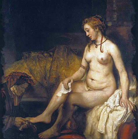 Rembrandt van Rijn, Bathseba im Bade. 1654. (Paris,Musée du Louvre,Rembrandt van Rijn,1606-1669,Öl auf Leinwand,Rembrandt,Rembrandt van Rijn,Barock,Niederlande,17. Jahrhundert,Frau,Bad,Toilette,Dienerin,Bathseba,Altes Testament,Pediküre,Brief,Akt,Badeszene,Nacktheit,Hell-Dunkel-Kontrast)