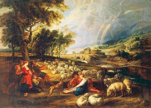 Peter Paul Rubens, Ländliche Szene mit Schafherde und Regenbogen. Ca. 1604-08. (Paris,Musée du Louvre,Rubens,Peter Paul,1577-1640,Peter Paul Rubens,Rubens,1604-1608,1604,Barock,Flamen,Niederlande,flämisch,niederländisch,flämischer baroque,niederländischer baroque,17. Jahrhundert,Schaf,Schafe,Schafherde,Regenbogen,Landschaft,Natur,Paa)