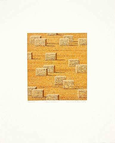 Rausch Michael Heuballen (Radierung, handsigniert) (Landschaft, Feld, Stroh, Landwirschaft, Ballen, Grafik, modern, Original, signiert, Wohnzimmer, gold/gelb)