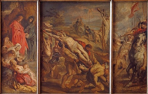 Peter Paul Rubens, Triptychon: Kreuzaufrichtung. (Entwurf für den Altar in Antwerpen) (Paris,Musée du Louvre,Rubens,Peter Paul,1577-1640,Peter Paul Rubens,Rubens,Barock,Flamen,flämisch,flämischer Barock,17. Jahrhundert,Altar,Tryptichon,Kreuzaufrichtung,Kreuzigung,Passion,Neues Testament,Kalvarienberg,Kalvarien,Berg,Gekreuzigter,Maria,Maria)