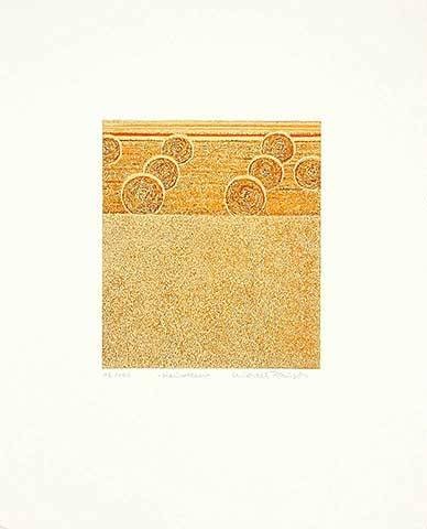 Rausch Michael Heurollen (Radierung, handsigniert) (Landschaft, Feld, Stroh, Landwirschaft, Ballen, Grafik, modern, Original, signiert, Wohnzimmer, gold/gelb)