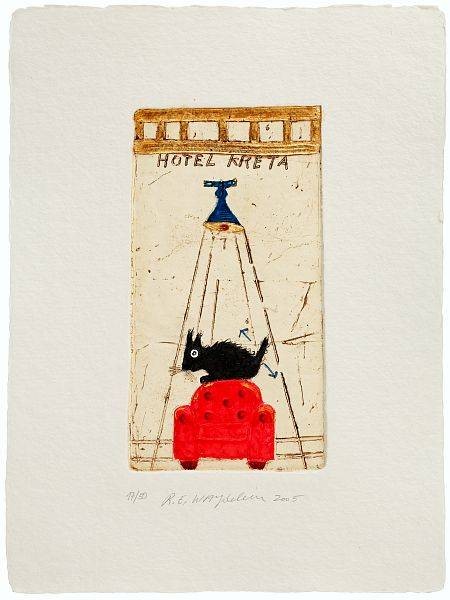 Waydelich Raymond Hotel Kreta (Fauteuil Rouge) (Aquagravure,  handsigniert) (Modern, figurativ, Fantasie, surreal, Eichhörnchen, Lampe, Grafik, Malerei, Original, signiert, Wohnzimmer,)