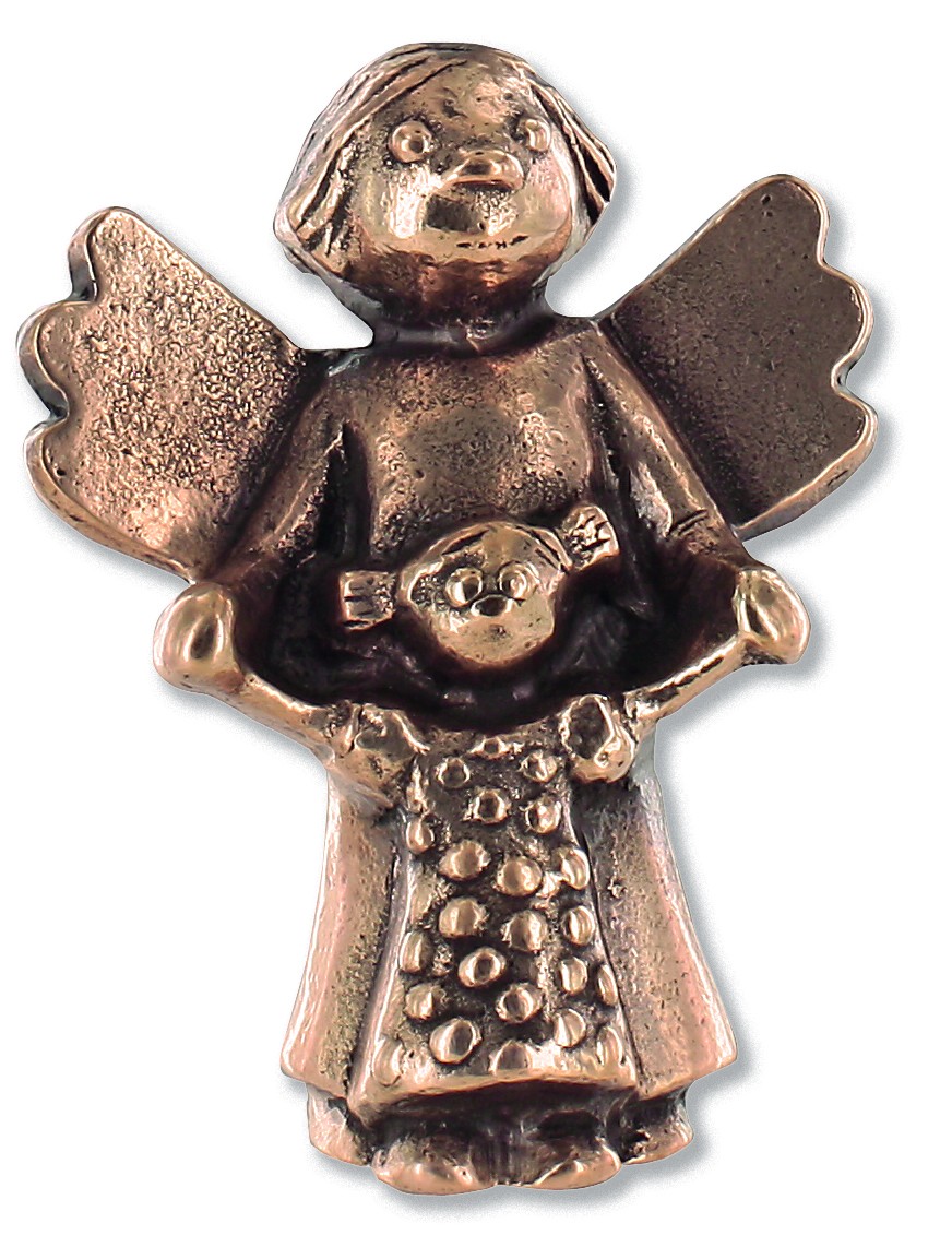 Kerstin Stark, Schutzengel mit Kind, aus Bronze, 6 x 4,5 x 2,5cm (Schutzengel, Engel, Flügel, Himmelswesen, Kind, lustig witzig, Humor, Skulptur, Plastik, Bronze, Figur, Wohnzimmer, Schlafzimmer, bronzefarben)