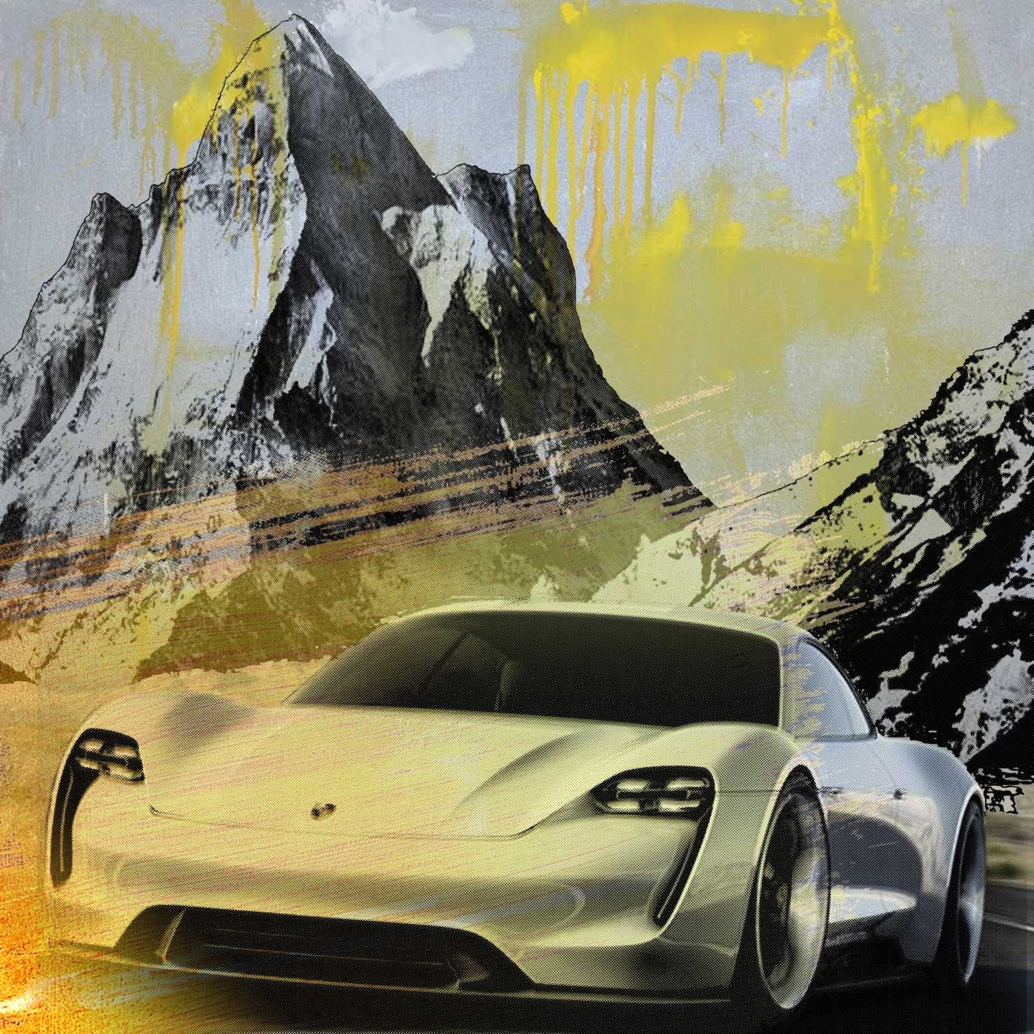 Peter Sander, Porsche Emotion  (Porsche, Berge, Matterhorn, Sportwagen, Automobil, Popart, Fotokunst, modern, illustrativ, Wunschgröße, Treppenhaus, Wohnzimmer,)