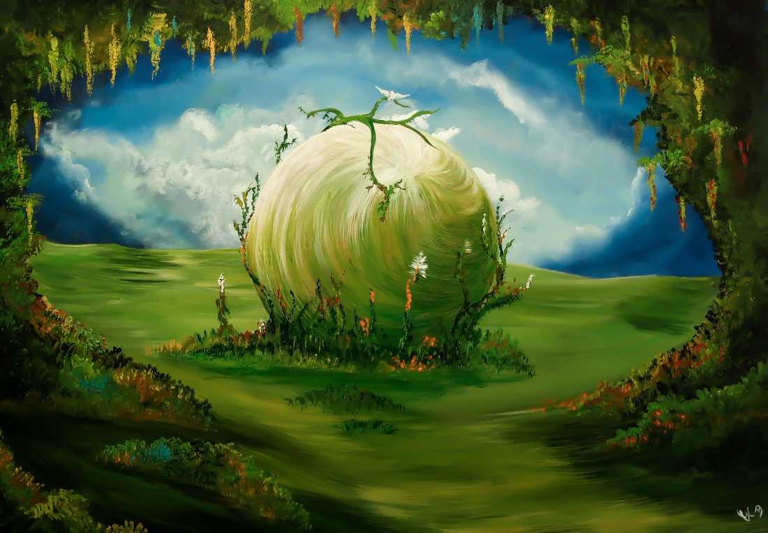 Conny Krakowski, Gelandet (Surrealismus, Traum, Magie, Esoterik, Baum, Traumbaum,Lebensbaum,Geburt,Leben,Sterben,Wege, Lebensweg, Phantasie,Fantasie,Realismus,Malerei,Gemläde,detaiiert,Traumbild,Traumlandschaft,Landschaftsmalerei,Träumerei,Wasserfall,Berge,Wolken,)