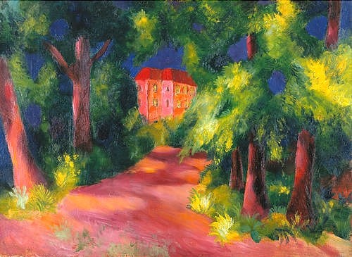 August Macke, Rotes Haus am Park. 1914 (Bonn,Städtisches Kunstmuseum,Macke,August,1887-1914,Öl auf Leinwand,August Macke,Blauer Reiter,rote,Expressionismus,deutscher Expressionismus,20. Jahrhundert,Haus,rot,Park,Natur,pink,Schloss)