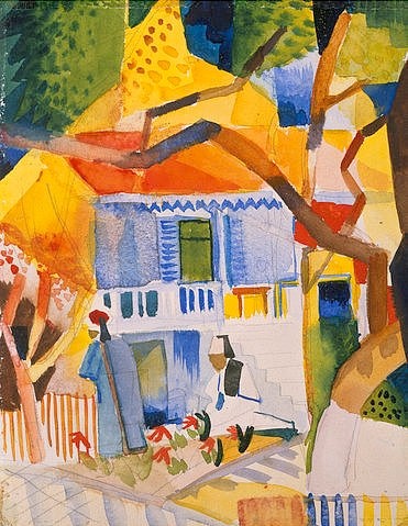 August Macke, Innenhof des Landhauses in St. Germain. 1914. (Bonn,Städtisches Kunstmuseum,Macke,August,1887-1914,Aquarell auf Papier,August Macke,Blauer Reiter,Expressionismus,deutscher Expressionismus,20. Jahrhundert,Innenhof,Landhaus,Sommer,St. Germain)