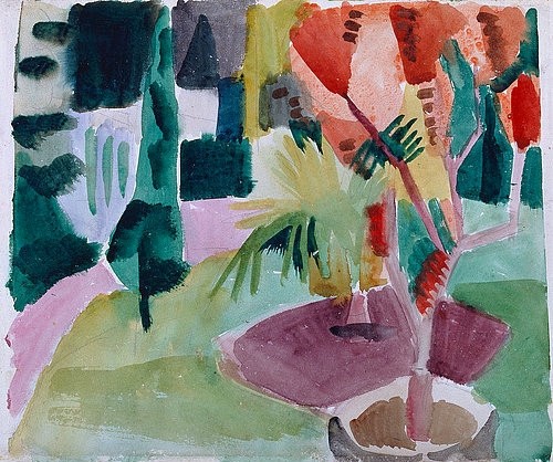August Macke, Unser Garten am See II. (Macke,August,Bonn,Städtisches Kunstmuseum,1887-1914,Aquarell,August Macke,Expressionismus,deutscher Expressionismus,Deutschland,20. Jahrhundert,Garten,See,Natur,Aquarelle,Palme,exotisch)