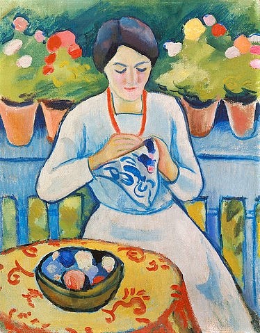 August Macke, Elisabeth auf dem Balkon des Staudacher Hauses am Tegernsee. 1910. (Macke,August,Bonn,Städtisches Kunstmuseum,1887-1914,August Macke,Blauer Reiter,Expressionismus,deutscher Expressionismus,20. Jahrhundert,Sticken,Handarbeit,Nähen,Frau,Balkon,Genre,Alltag,Tegernsee,Terrasse)