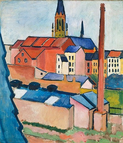 August Macke, Marienkirche in Bonn mit Häusern und Schornstein (Blick aus dem Atelier). (Macke,August,Bonn,Städtisches Kunstmuseum,1887-1914,August Macke,Blauer Reiter,Expressionismus,Deutscher Expressionismus,20. Jahrhundert,Kirche,Haus,Stadt,Mauer,Bonn,Schornstein,Fabrik,Mietshäuser,Miethaus,Hinterhof,Stadtansicht,Dach,Dächer)