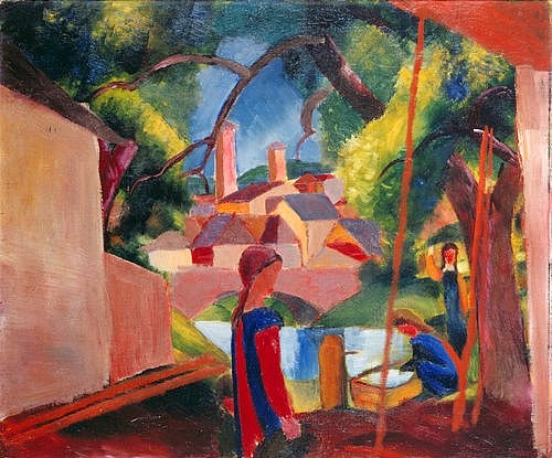 August Macke, Kinder am Brunnen. 1914. (Macke,August,Bonn,Städtisches Kunstmuseum,1887-1914,August Macke,Blauer Reiter,Expressionismus,deutscher Expressionismus,20. Jahrhundert,Kind,Mädchen,Brunnen,Tag,Natur,Dorf,Wasser)