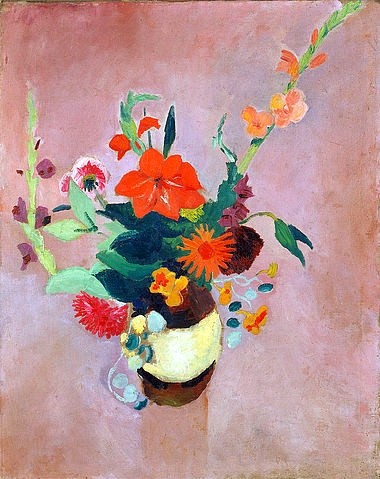 August Macke, Strauss mit Gladiolen auf rosa Grund. 1914. (Dauerleihgabe der Stiftung Kunst der Sparkasse in Bonn,1887-1914,Macke,August,Bonn,Städtisches Kunstmuseum,August Macke,Blauer Reiter,Expressionismus,deutscher Expressionismus,20. Jahrhundert,Strauß,Blumenstrauß,Gladiole)