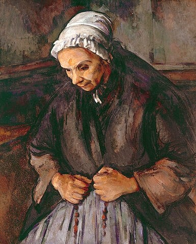 Paul Cézanne, Alte Frau mit Rosenkranz. (London,National Gallery,Cézanne,Paul,1839-1906,Öl auf Leinwand,Cézanne,Paul Cézanne,Cezanne,19. Jahrhundert,Postimpressionismus,Alt,Frau,alte Frau,Beten,religiös,gläubig,Religion,Rosenkranz,Kopfbedeckung,Haube)