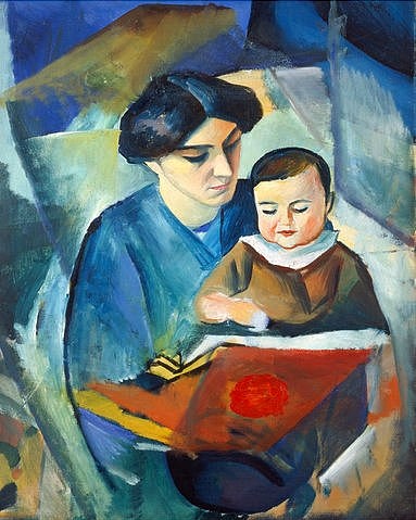 August Macke, Elisabeth und Walterchen. 1912. (Bonn,Städtisches Kunstmuseum,Macke,August,1887-1914,August Macke,Blauer Reiter,Expressionismus,deutscher Expressionismus,20. Jahrhundert,Elisabeth,Walterchen,Mutter,Kind,Familie,Alltag,Genre,Buch,Lesen)