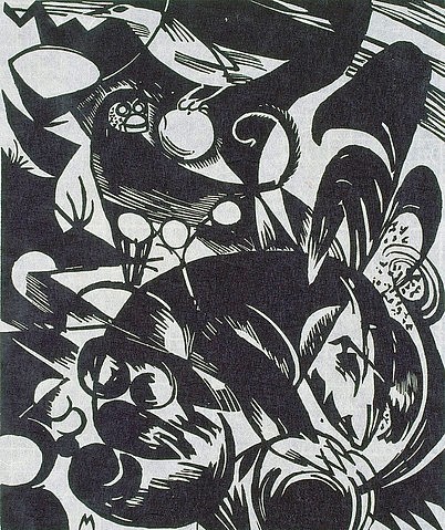 Franz Marc, Schöpfungsgeschichte I. 1916. (Bonn,Städtisches Kunstmuseum,Marc,Franz,1880-1916,Holzschnitt auf Japanpapier,Franz Marc,20. Jahrhundert,Deutschland,deutsch,Expressionismus,Blaue Reiter,Schöpfungsgeschichte,Geschichte,Schöpfung,Bibel,Alte Testament,Religion,religiös,Tier,Tiere,Holzschni)