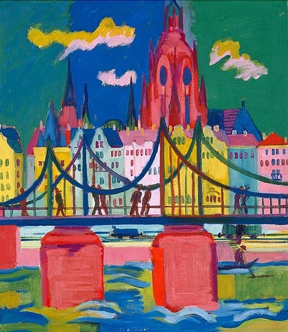 Ernst Ludwig Kirchner, Frankfurter Dom. 1925. (Bonn,Städtisches Kunstmuseum,Kirchner,Ernst Ludwig,1880-1938,Ernst Ludwig Kirchner,Deutschland,deutsch,20. Jahrhundert,Brücke,Expressionismus,expressiv,Frankfurt,Dom,Stadt,Stadtansicht,Menschen,bunt,Fluss,komplemetär,Häuserzeile,Häuser,Haus,Turm,Türme,Sch)