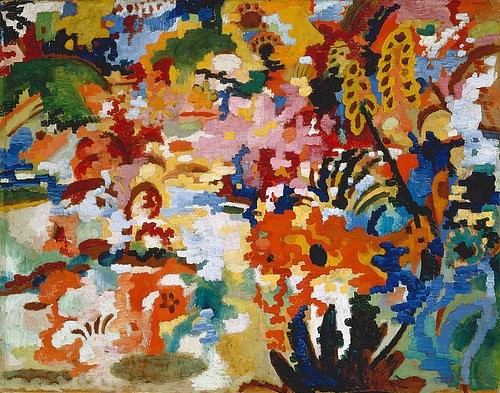 August Macke, Farbige Komposition II. (großer Blumenteppich). 1912 (Bonn,Städtisches Kunstmuseum,Macke,August,1887-1914,Öl/Malkarton,August Macke,deutsch,20. Jahrhundert,Blauer Reiter,bunt,farbig,Komposition,Blumenteppich,Blumen,Wiese,Blüten,Blätter,Expressionismus,expressiv,Natur,Pflanzen,Farbsinfonie,Garten,Blütenmeer)