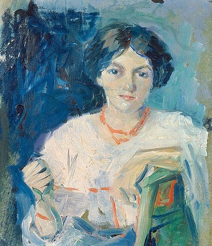 August Macke, Elisabeth Gerhardt auf grünem Stuhl. 1908 (Dauerleihgabe aus Privatbesitz,Öl/Malkarton,1887-1914,Macke,August,Bonn,Städtisches Kunstmuseum,Macke,August Macke,20. Jahrhundert,Expressionismus,impressionistisch,Portrait,Porträt,Frau,Elisabeth Gerhardt,sitzen,Grün,Weiß,Kleid,dunkelhaarig,fröhlich,hübs)