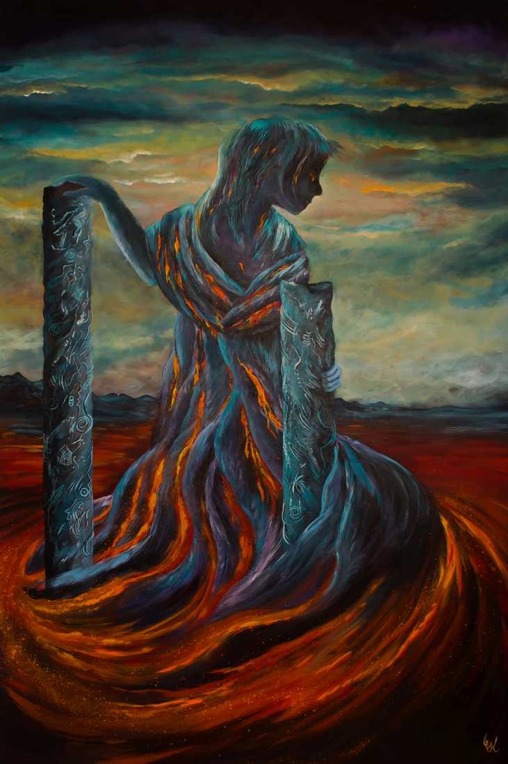 Conny Krakowski, Gezügelte Wut (Surrealismus, Traum, Magie, Esoterik, Baum, Traumbaum,Lebensbaum,Geburt,Leben,Sterben,Wege, Lebensweg, Phantasie,Fantasie,Realismus,Malerei,Gemläde,detaiiert,Traumbild,Traumlandschaft,Landschaftsmalerei,Träumerei,Wasserfall,Berge,Wolken,)