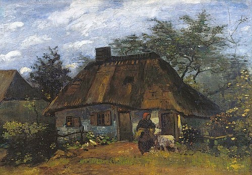 Vincent van Gogh, La Chaumière (Bauernhaus mit Frau und Ziege). 1885. (Städel Museum,Frankfurt am Main,Gogh,Vincent van,1853-1890,<br>Eigentum des Städelschen Museums-Verein e.V.,Vincent van Gogh,Holland,19. Jahrhundert,Naturalismus,La Chaumière,Chaumière,Bauernhaus,Bäuerin,Haus,Frau,Ziege,Garten,Idylle,Strohdach,Huhn,Hühner)