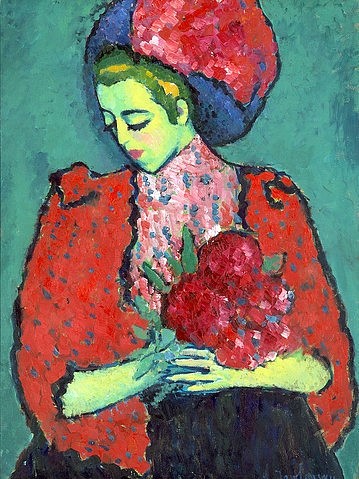 Alexej von Jawlensky, Mädchen mit Pfingstrosen. 1909 (Expressionismus,Öl/Pappe auf Sperrholz,Wuppertal,Von-der-Heydt-Museum,1864-1941,Jawlensky,Alexej von,Jung,Frau,Jawlensky,20. Jahrhundert,rot,grün,Hut,Pfingstrose)