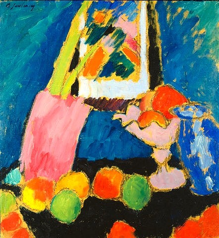 Alexej von Jawlensky, Apfelstillleben mit violetter Schale. 1912. (Städel Museum,Frankfurt am Main,Jawlensky,Alexej von,1864-1941,Alexej von Jawlensky,19. Jahrhundert,Expressionismus,Deutschland,deutsch,Blaue Vier,suggestive Farbwirkung,Stillleben,Apfel,Äpfel,violett,Schale,Obstschale,Tisch,Bild,Vase,Blumenvase,bunt, Stä)