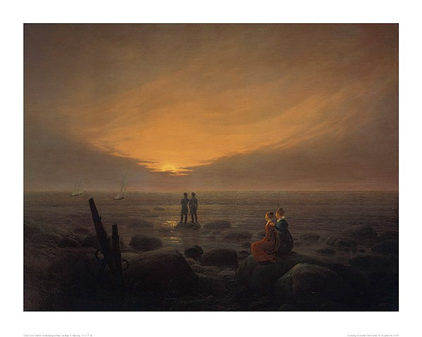 Caspar David Friedrich, Mondaufgang am Meer, Eremitage (Offset) (Meer, Abendstimmung, Küste, Strand, Spaziergänger, Mondlicht, stimmungsvoll, Horizont, Meeresbrise, Klassiker, Wohnzimmer, Schlafzimmer, Malerei, Romantik, bunt)