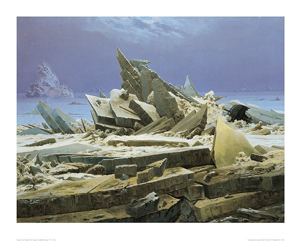 Caspar David Friedrich, Eismeer (Offset) (Eislandschaft, Kälte, unwirtlich, gebrochenes Eis, Eisschollen, kantig, harsch, Klassiker, Wohnzimmer, Malerei, Romantik, bunt)