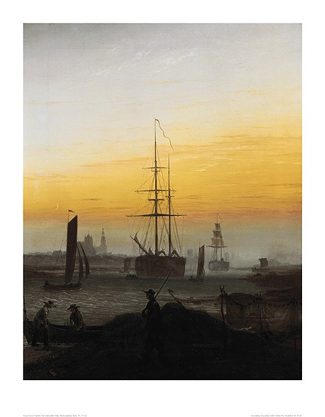 Caspar David Friedrich, Der Greifswalder Hafen (Offset) (Meer, Hafen, Segelschiffe, Küste, Strand, Fischer, Sonnenuntergang,  Meeresbrise, Klassiker, Wohnzimmer, Schlafzimmer, Malerei, Romantik,  bunt)
