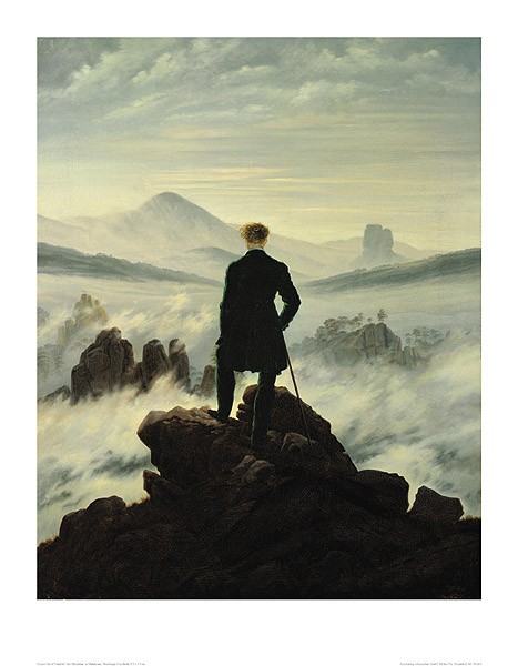 Caspar David Friedrich, Der Wanderer im Nebelmeer (Offset) (Wanderer, Landschaft, Natur, Berge, Mann, Nebel, Gipfel,  Klassiker, Wohnzimmer, Treppenhaus, Malerei, Romantik, bunt)