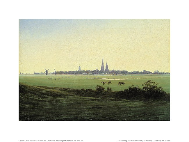 Caspar David Friedrich, Wiesen bei Greifswald (Offset) (Landschaft, Wiesen, Natur, Panorama, Ebene,Dorf, Kirche, Klassiker, Wohnzimmer, Schlafzimmer, Malerei, Romantik,  bunt)