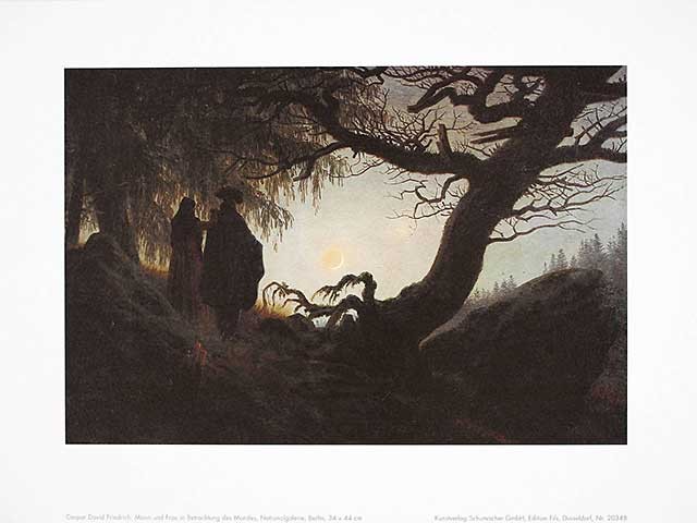 Caspar David Friedrich, Frau und Mann betrachten den Mond (Offset) (Landschaft, Spaziergänger, Gespräch, Nachtszene, Mond, Bäume, knorrig, Klassiker, Wohnzimmer, Schlafzimmer, Malerei, Romantik,  bunt)