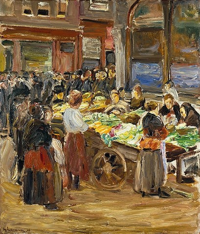 Max Liebermann, Judengasse in Amsterdam. 1908. (Städel Museum,Frankfurt am Main,Liebermann,Max,1847-1935,Öl/Holz,Max Liebermann,Deutschland,deutsch,Berlin,Berliner Sezession,Freie Sezession,impressionistisch,19. Jahrhundert,20. Jahrhundert,Amsterdam,Holland,Szene,Genre,Genremalerei,Alltag,Markt,Judenga)