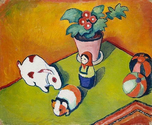 August Macke, Walterchens Spielsachen. 1912 (Städel Museum,Frankfurt am Main,Macke,August,1887-1914,Öl auf Leinwand,Macke,August Macke,20. Jahrhundert,Walterchens Spielsachen,Walter,Walterchen,Spielzeug,Spielsachen,Expressionismus,deutscher Expressionismus,Blaue Reiter,Hase,Hamster,Meerschweinchen,P)