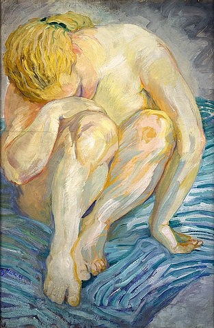 Franz Marc, Aktstudie (Hockende). 1909 (Städel Museum,Frankfurt am Main,Marc,Franz,1880-1916,Öl/Tempera/Malpappe,Franz Marc,20. Jahrhundert,Frau,Akt,nackt,Studie,hocken,sitzen,traurig,Trauer,Expressionismus,Haut, Städel Museum)