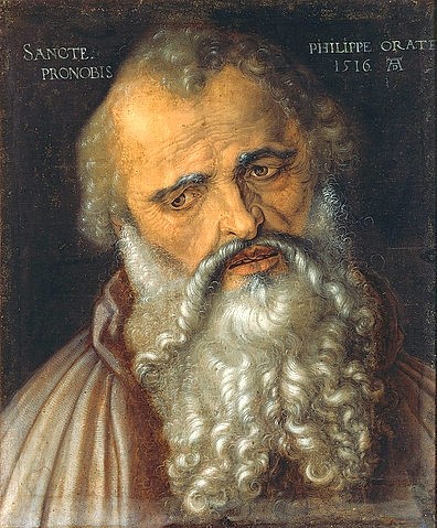 Albrecht Dürer, Der Apostel Philippus. 1516 (16. Jahrhundert,Öl auf Leinwand,Florenz,Galleria degli Uffizi,1471-1528,Dürer,Albrecht,Albrecht Dürer,Apostel,Philippus,deutsche Renaissance,Renaissance,Hl. Philippus,16. Jahrhundert,Bart,Mann,Portrait,alter Mann,Brustbild,Heiliger)