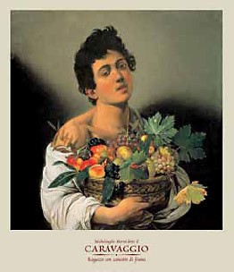 Michelangelo Caravaggio, Ragazzo con canestro di frutta (Offset) (Junge, Jüngling, Obstkorb, Trauben, Bacchus, Früchte, Klassiker, Barock, Esszimmer, Wohnzimmer, Malerei, Wunschgröße, bunt)