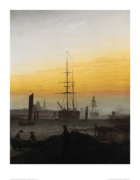 Caspar David Friedrich, Der Greifswalder Hafen (lackiert) (Offset) (Meer, Hafen, Segelschiffe, Küste, Strand, Fischer, Sonnenuntergang,  Meeresbrise, Klassiker, Wohnzimmer, Schlafzimmer, Malerei, Romantik,  bunt)