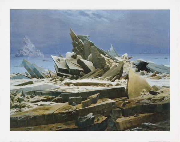 Caspar David Friedrich, Eismeer (lackiert) (Offset) (Eislandschaft, Kälte, unwirtlich, gebrochenes Eis, Eisschollen, kantig, harsch, Klassiker, Wohnzimmer, Malerei, Romantik, bunt)