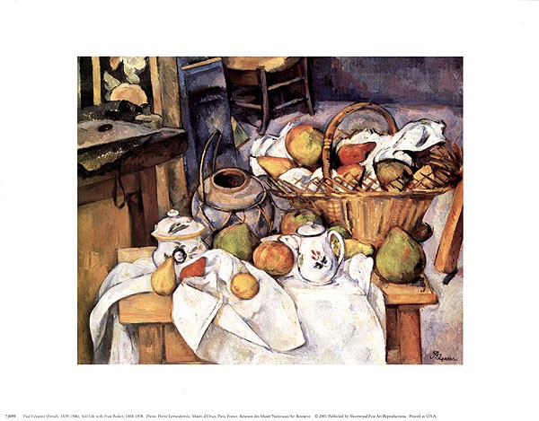 Paul Cézanne, Still Life with Fruit Basket (Offset) (Stillleben, Obstkorb, Obst, Früchte, Tisch, Tischuch,üppig, Tischdecke, Malerei, Impressionismus, Küche, Esszimmer, Gastronomie, bunt)