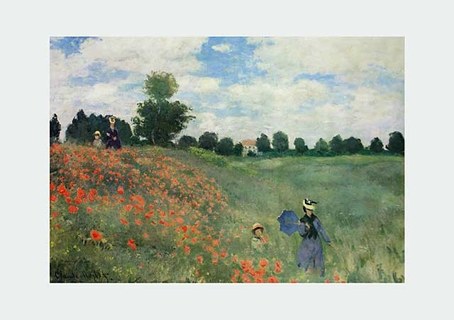 Claude Monet, Mohnblumen/Les Coquelicots (Offset) (Impressionismus, Malerei, Mohnblumen, Mohnblumenfeld, Spaziergänger, Frau, Kind, Blumen, Blüten, Idylle, Frankreich, Schlafzimmer, Wohnzimmer, Wintergarten, bunt, Klassische Moderne)