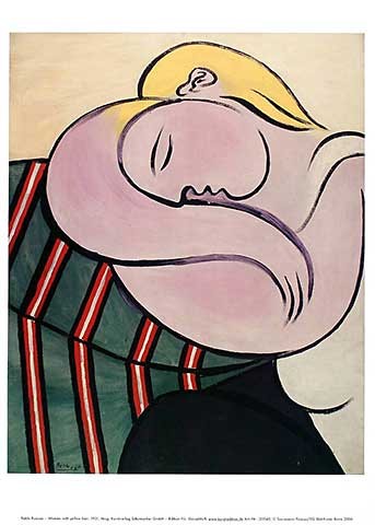 Pablo Picasso, Woman with yellow hair (Klassische Moderne, Malerei, Kubismus, Portrait, Frau, Kopf, Profil, Schlafende, Arme, aufgestützt, geometrische Formen, Wohnzimmer, Schlafzimmer, bunt)