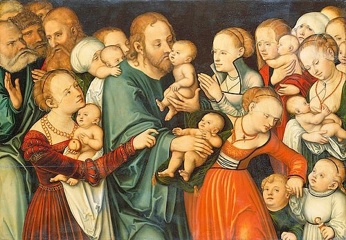 LUCAS CRANACH Der Ältere, Christus segnet die Kinder. (Bibel, Neues Testament, Jesus Christus, Segnen, Kinder, Mütter, Menschenmenge, Klassiker, Renaissance, Wunschgröße, Wohnzimmer)