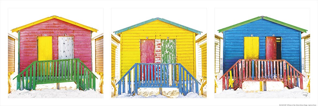 Philip Plisson, Cabanes de plage multicolores (Strandhäuser, Umkleide, Kabinen, Reihe, Treppenhaus,  Wohnzimmer, Badezimmer, Fotokunst, bunt)