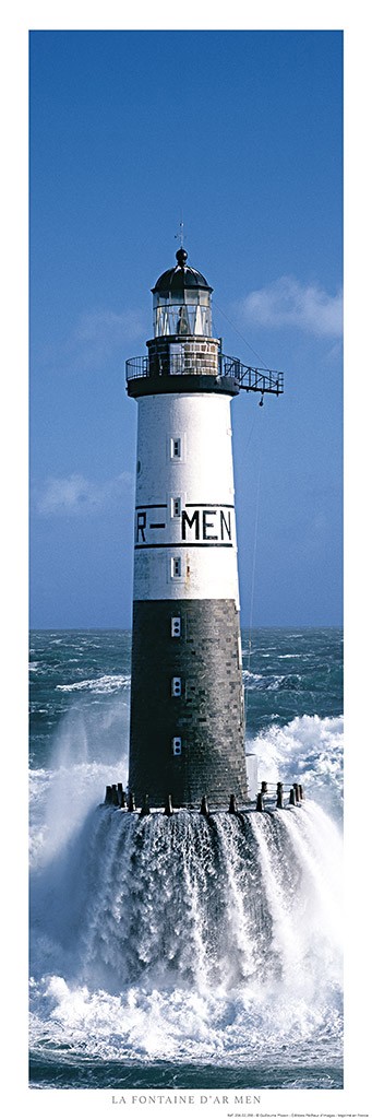 Philip Plisson, La fontaine du phare d'Ar-Men - Bretagne (Leuchtturm, Meer, Brandung, Frankreich, Atlantik, Luftbild, Meeresbrise, maritim, Fotografie, Wohnzimmer, Badezimmer, Treppenhaus, bunt)