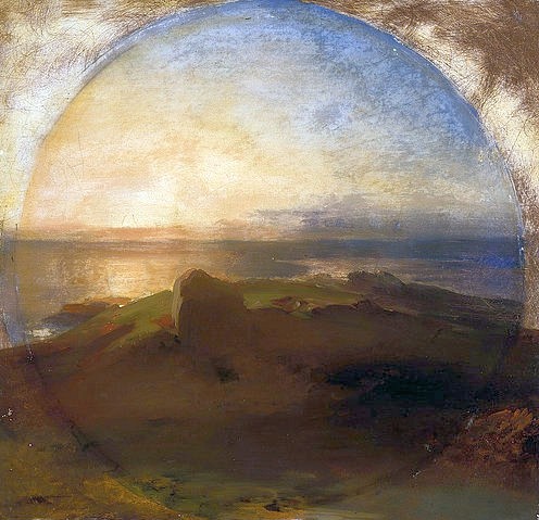 Carl Rottmann, Klippe im Ägäischen Meer. Um 1849. (Landschaftsmalerei, Küste, Klippe, Meer, Horizont, Griechenland, mythisch, episch, heroisch, Antike, Malerei, Romantik, Klassiker, Wunschgröße, Wohnzimmer, bunt)