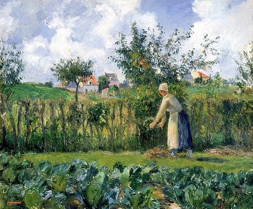 Camille Pissarro, Frau beim Heckenschneiden. (Pissarro,Camille,1830-1903,Florenz,Palazzo Pitti,Camille Pissarro,19. Jahrhundert,20. Jahrhundert,Frau,Impressionismus,Sichel,Zaun,Hecke,Sommer,Gartenarbeit,Gemüsegarten,Kohl,Wolken,Landleben,Garten,Hecke schneiden, französischer impressionismus)